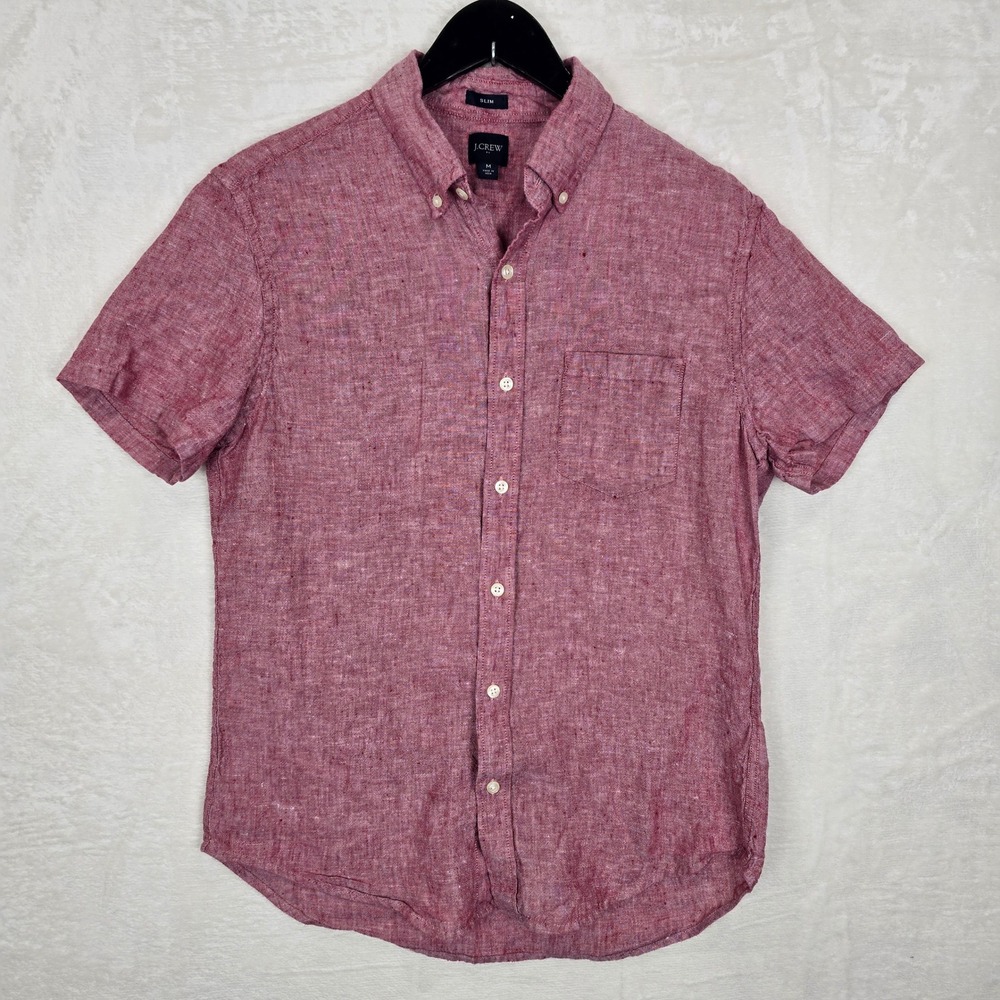 J.Crew Slim Fit Linen Cotton Short Sleeve Button Down Shirt Red AL188 Mens M